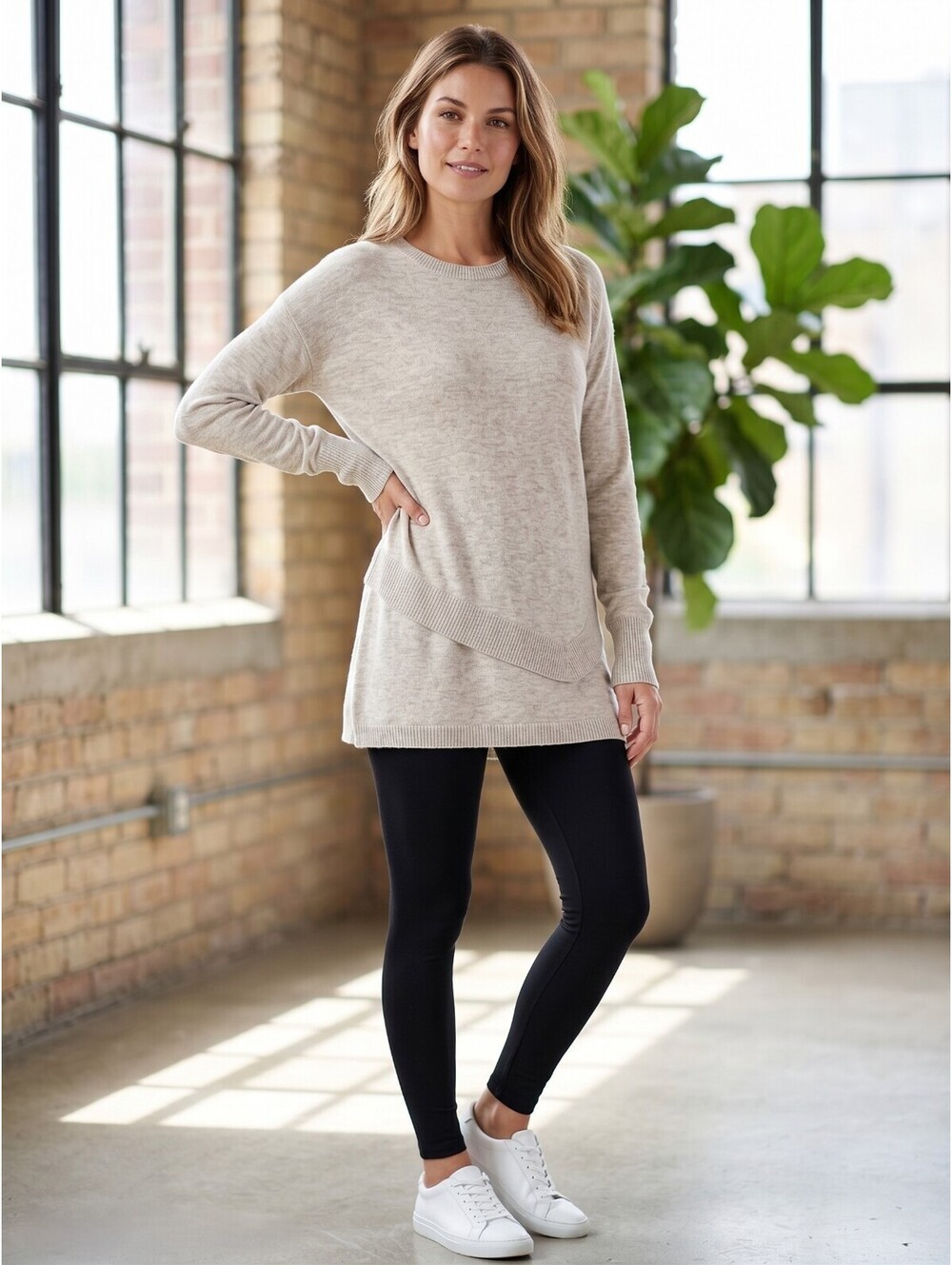Cabi Serenade Sweater S Heather Oatmeal Ribbed Trim Tunic Lightweight Pullover